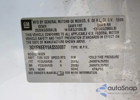 2010 Cadillac Srx Performance Collection z USA, uszkodzony, nr VIN 3GYFNEEY9AS559087